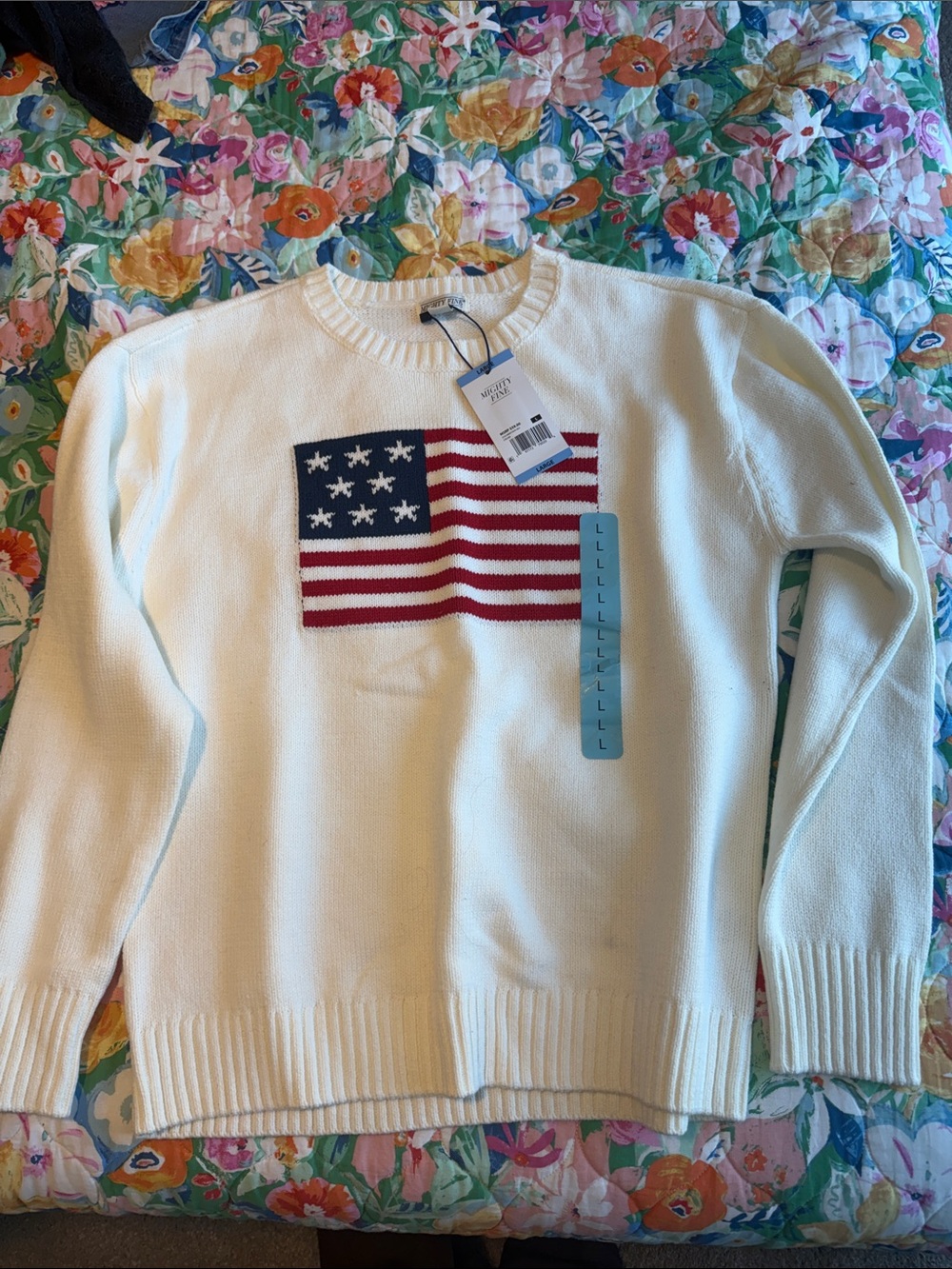 Mighty Fine Cream Crewneck Sweater with American Flag Knit